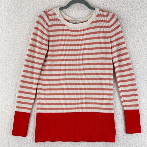 Ann Taylor LOFT Orange Striped Knit Pullover Sweater Womens Crew Neck Size M - Picture 1 of 13